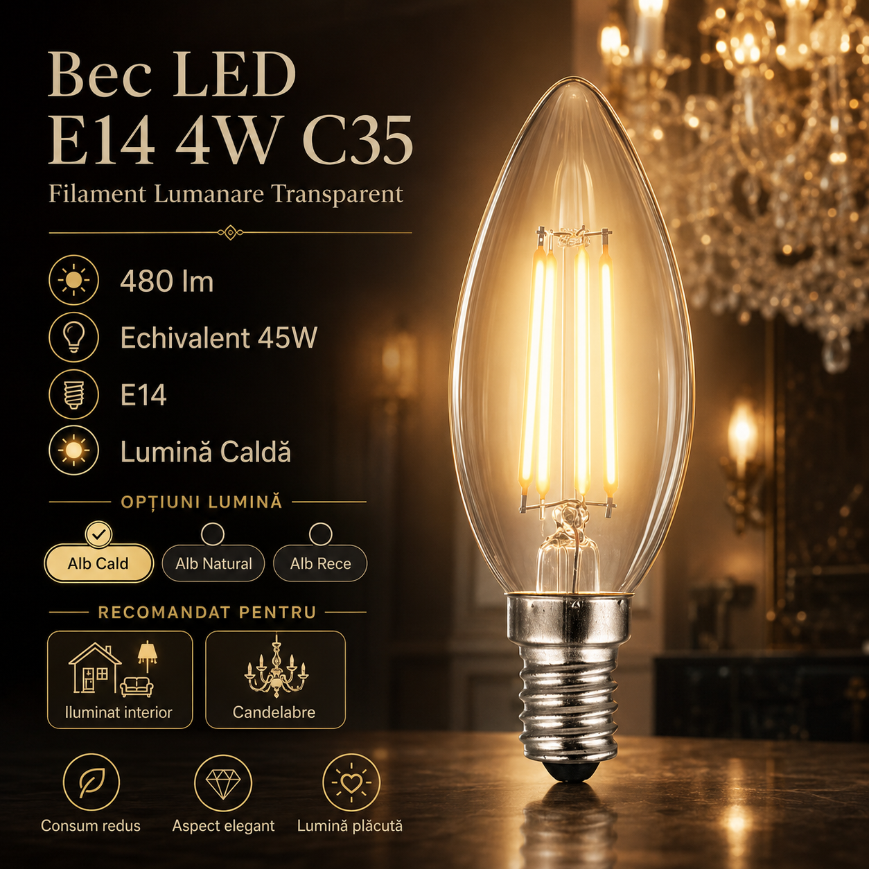 Bec LED E14 4W C35, 480lm, Filament Lumanare Transparent