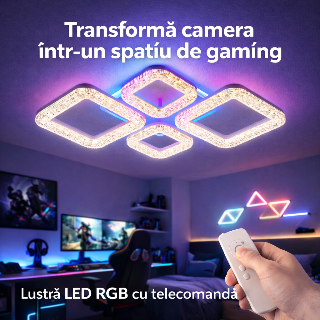 Lustra LED Sparkle 4 Squares RGB Echivalent 400W Telecomanda