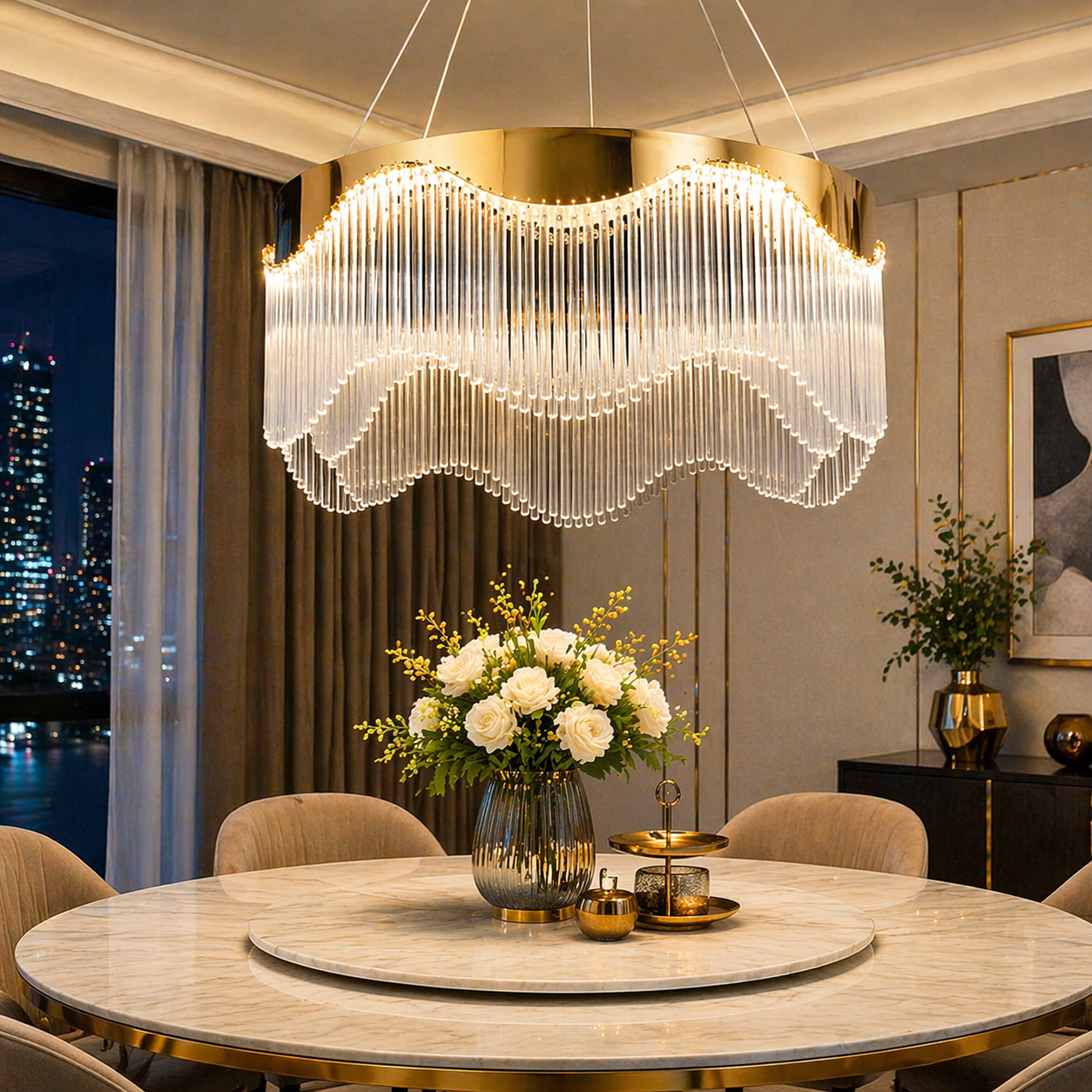 Lustra LED Suspendata Pulse Gold 60CM Echivalent 1000W Telecomanda