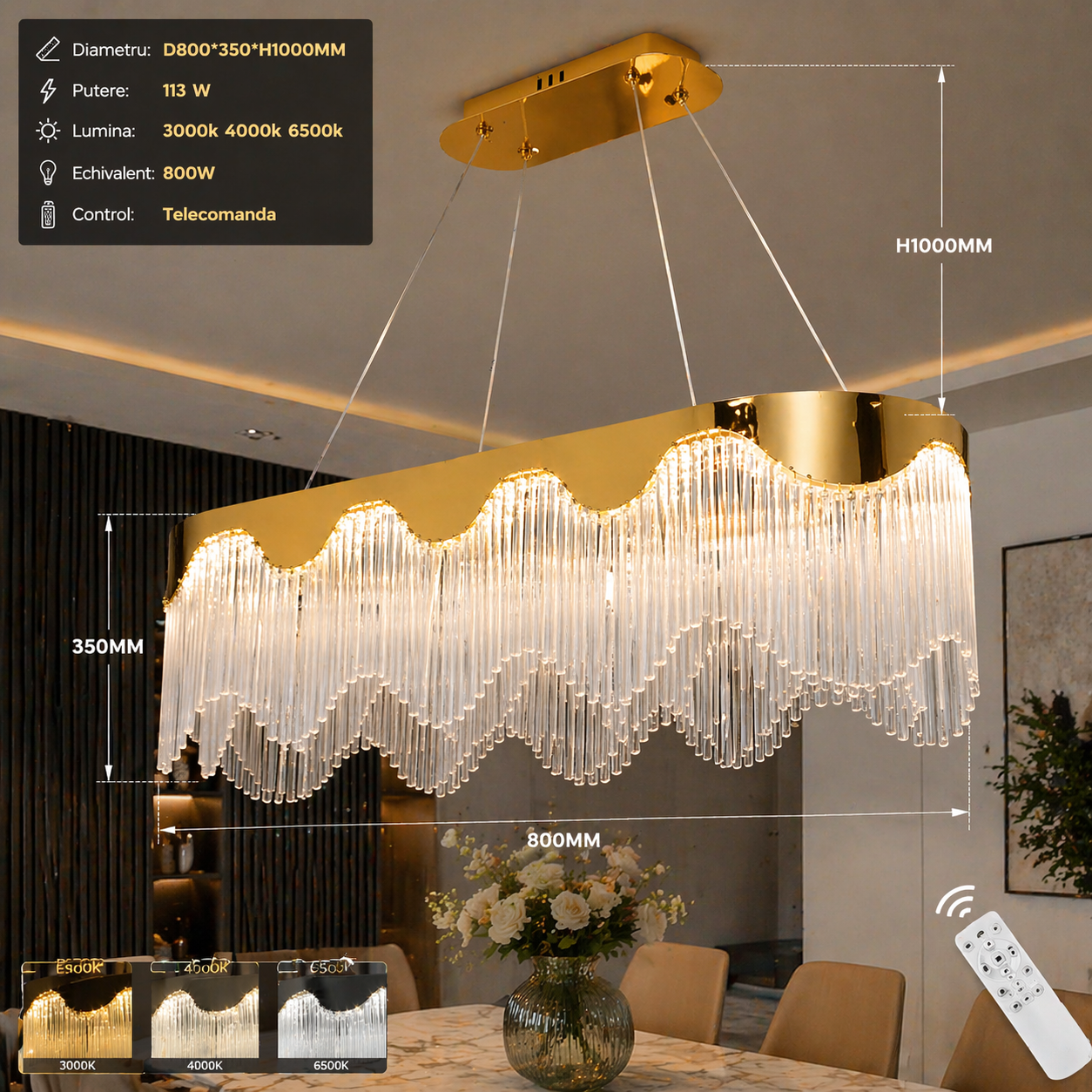 Lustra LED Suspendata Pulse Gold 800x350mm Echivalent 800W Telecomanda