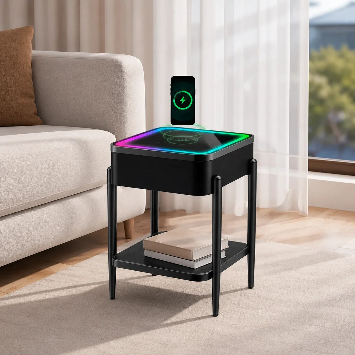 Masuta LED RGB SMART PREMIUM Patrata Incarcare Wireless | Boxa Bluetooth | USB | TWS | Control Touch