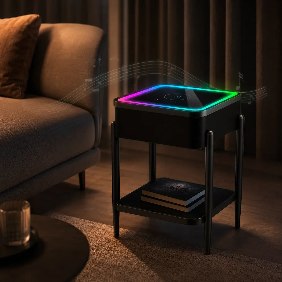 Masuta LED RGB SMART PREMIUM Patrata Incarcare Wireless | Boxa Bluetooth | USB | TWS | Control Touch