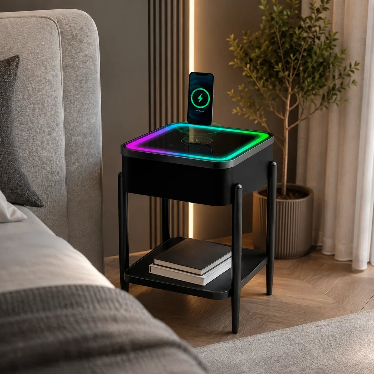 Masuta LED RGB SMART PREMIUM Patrata Incarcare Wireless | Boxa Bluetooth | USB | TWS | Control Touch