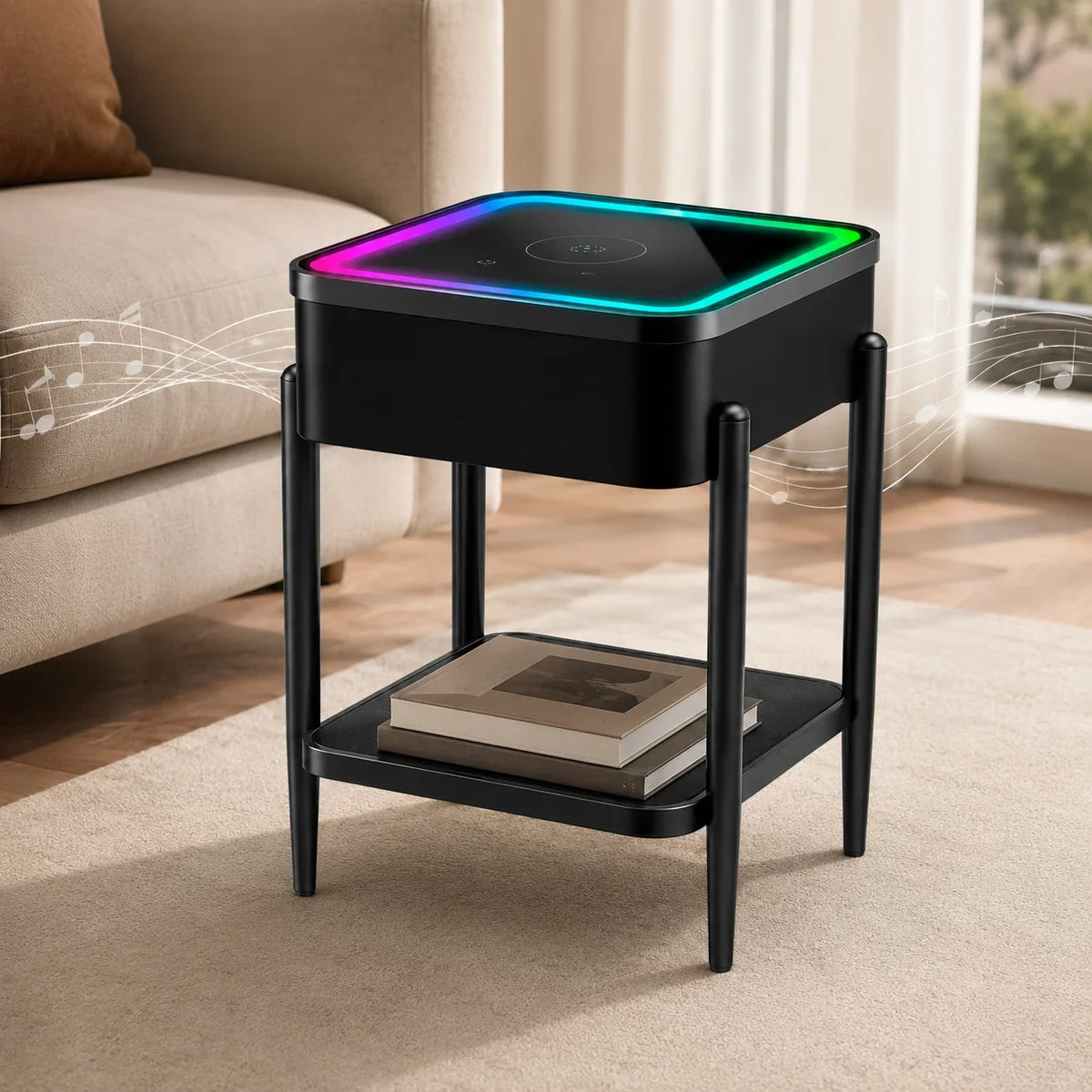 Masuta LED RGB SMART PREMIUM Patrata Incarcare Wireless | Boxa Bluetooth | USB | TWS | Control Touch