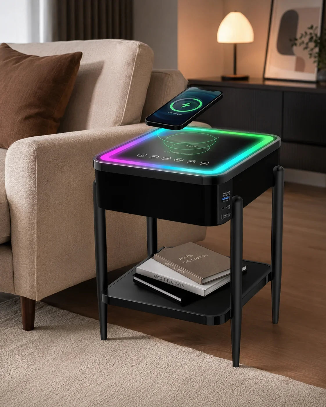 Masuta LED RGB SMART PREMIUM Patrata Incarcare Wireless | Boxa Bluetooth | USB | TWS | Control Touch