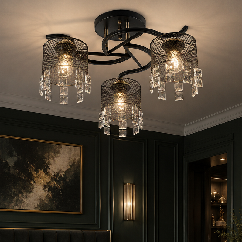 Lustra MESH Metalica Black cu Cristal K9 3xE27 Clasic