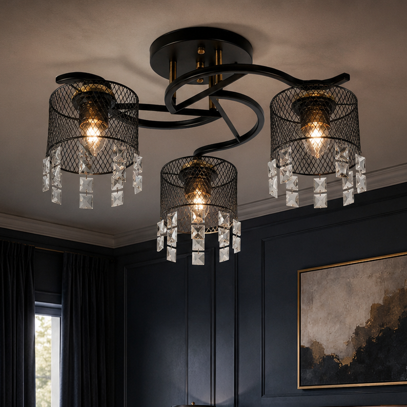 Lustra MESH Metalica Black cu Cristal K9 3xE27 Clasic