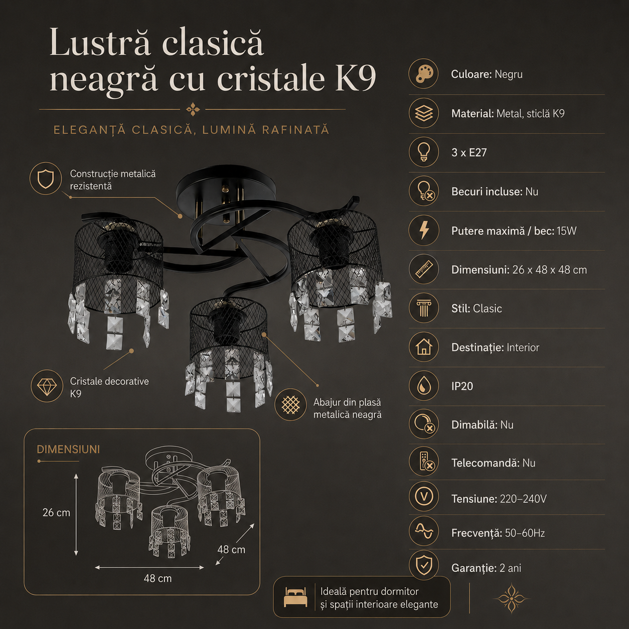 Lustra MESH Metalica Black cu Cristal K9 3xE27 Clasic