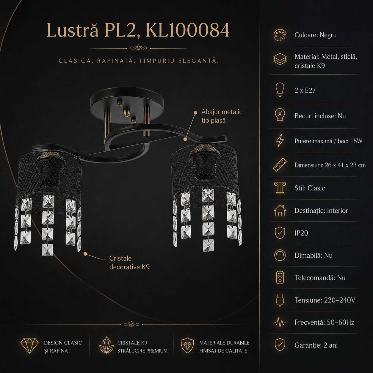 Lustra MESH Metalica Black cu Cristal K9 2xE27 Clasic