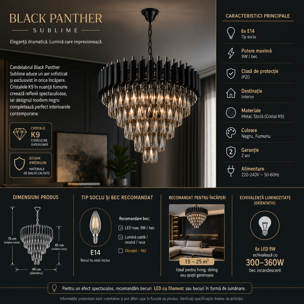 Candelabru Cristal Premium BLACK PANTHER SUBLIME 490mm