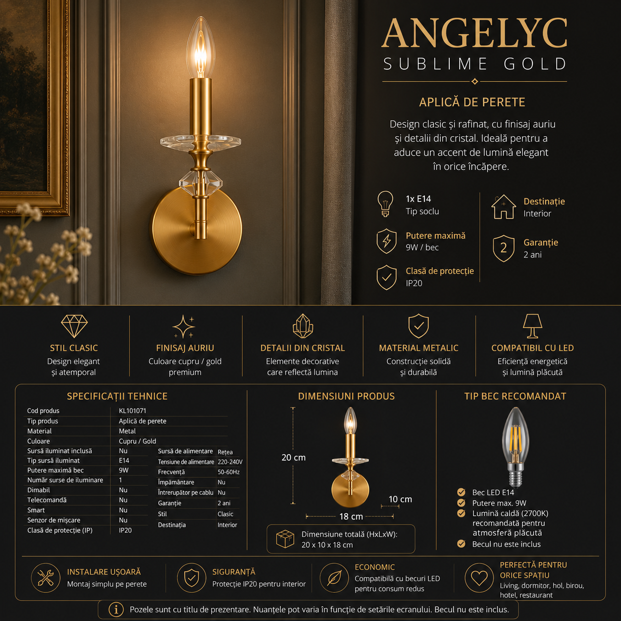 Aplica Perete 1xE14 ANGELYC SUBLIME GOLD
