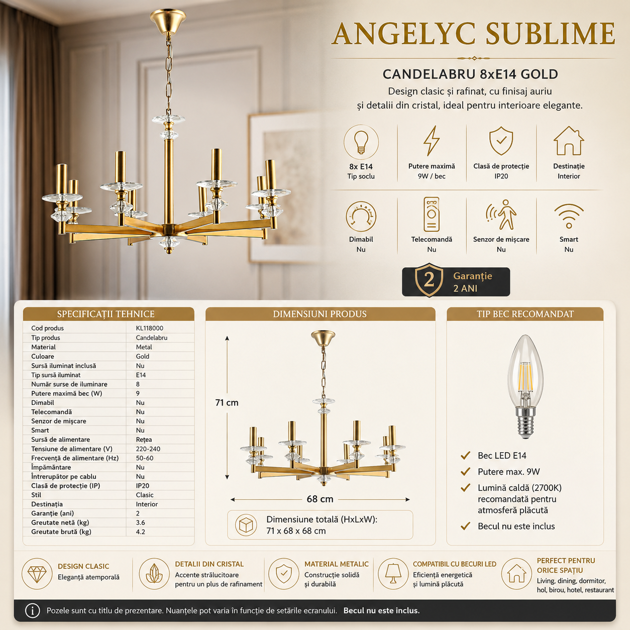 Candelabru 8xE14 ANGELYC SUBLIME Gold 68CM