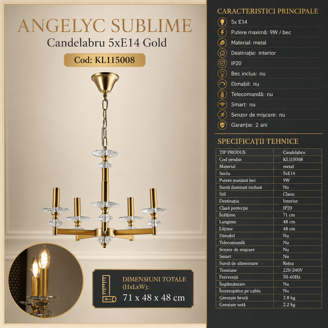 Candelabru 5xE14 ANGELYC SUBLIME Gold 48CM