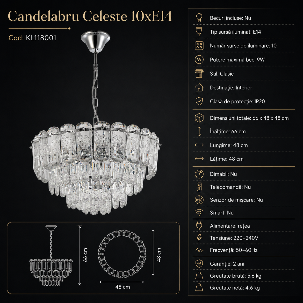 Candelabru CELESTE Crom Cristal 10xE14 480mm Clasic Elegance