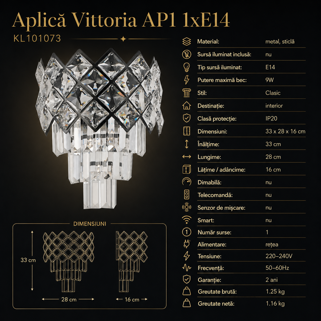 Aplica Perete VITTORIA Cristal 1xE14 Clasic