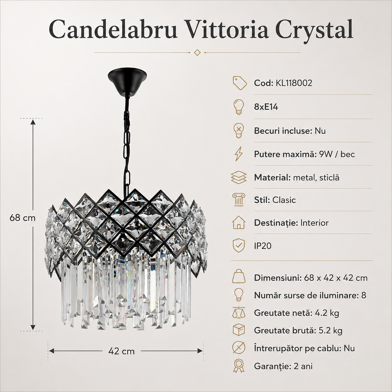 Candelabru VITTORIA Cristal 8xE14 420mm Clasic
