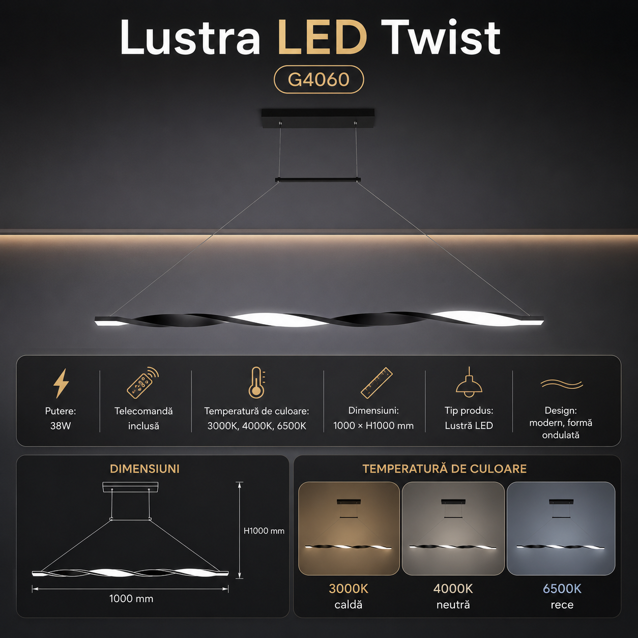 Lustra LED Liniara TWIST Black 100CM Echivalent 190W Telecomanda