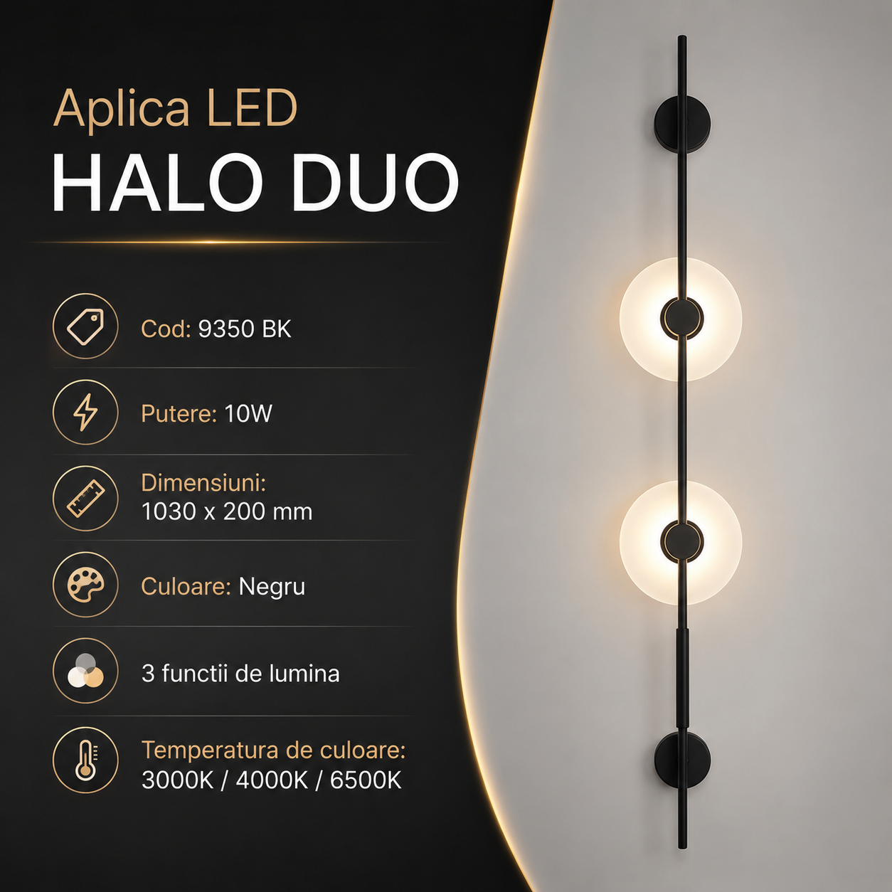 Aplica LED HALO DUO Black 3 Lumini 103CM Echivalent 50W