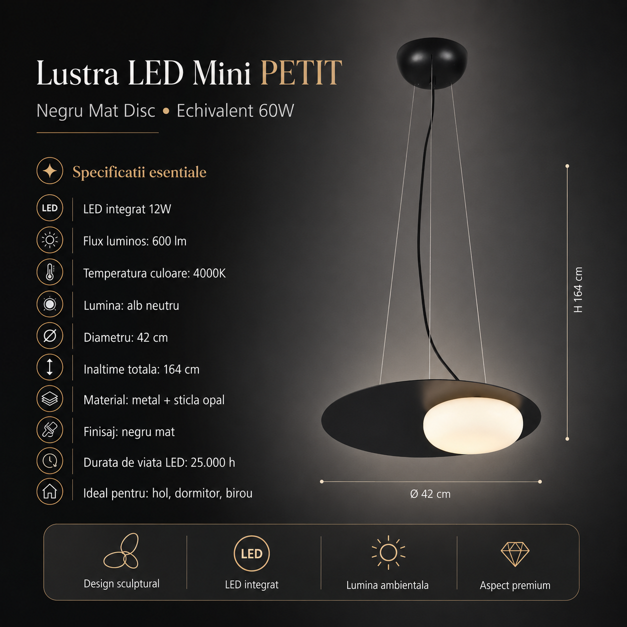 Lustra LED Unique PETIT Black Echivalent 60W