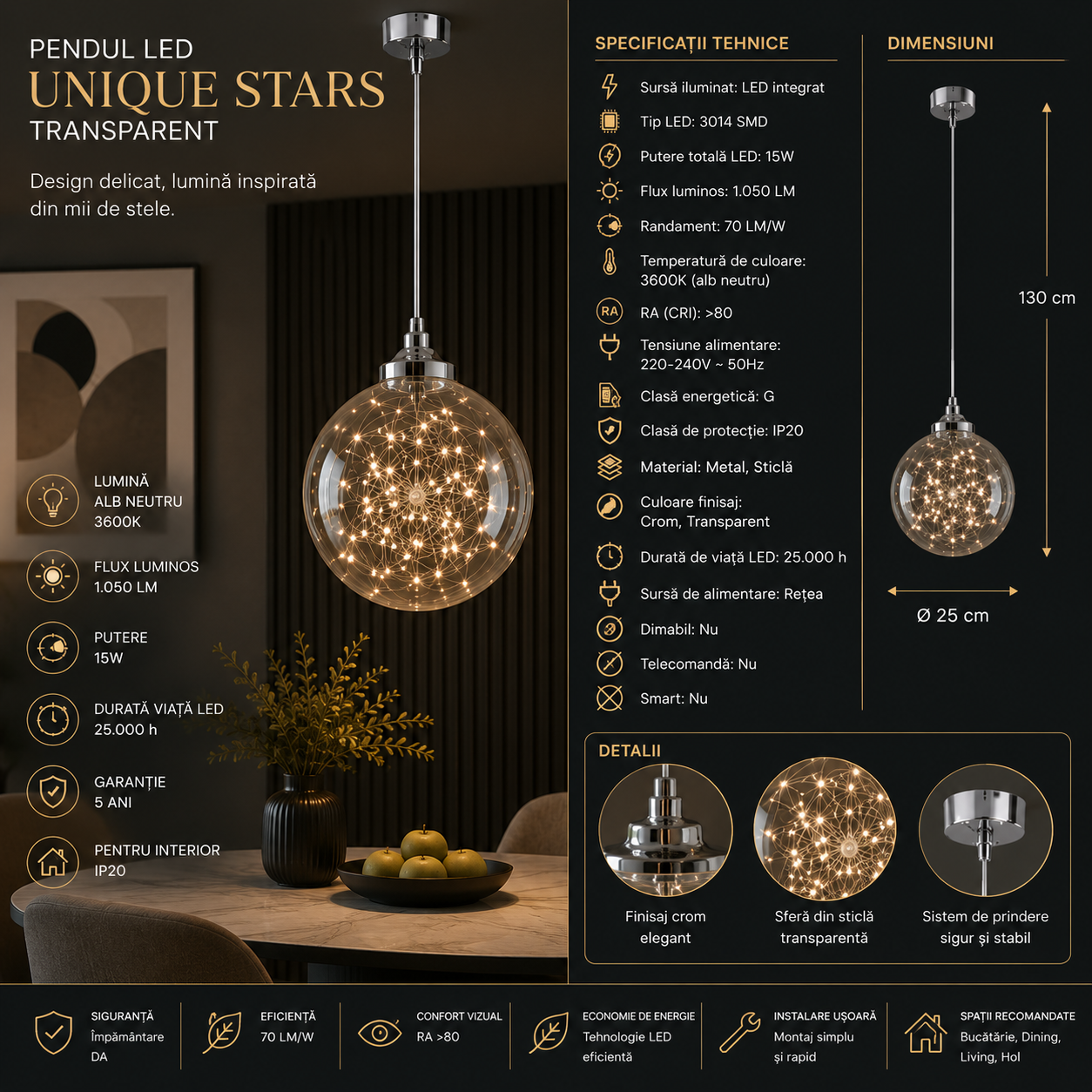 Pendul LED Unique STARS Transparent Echivalent 75W
