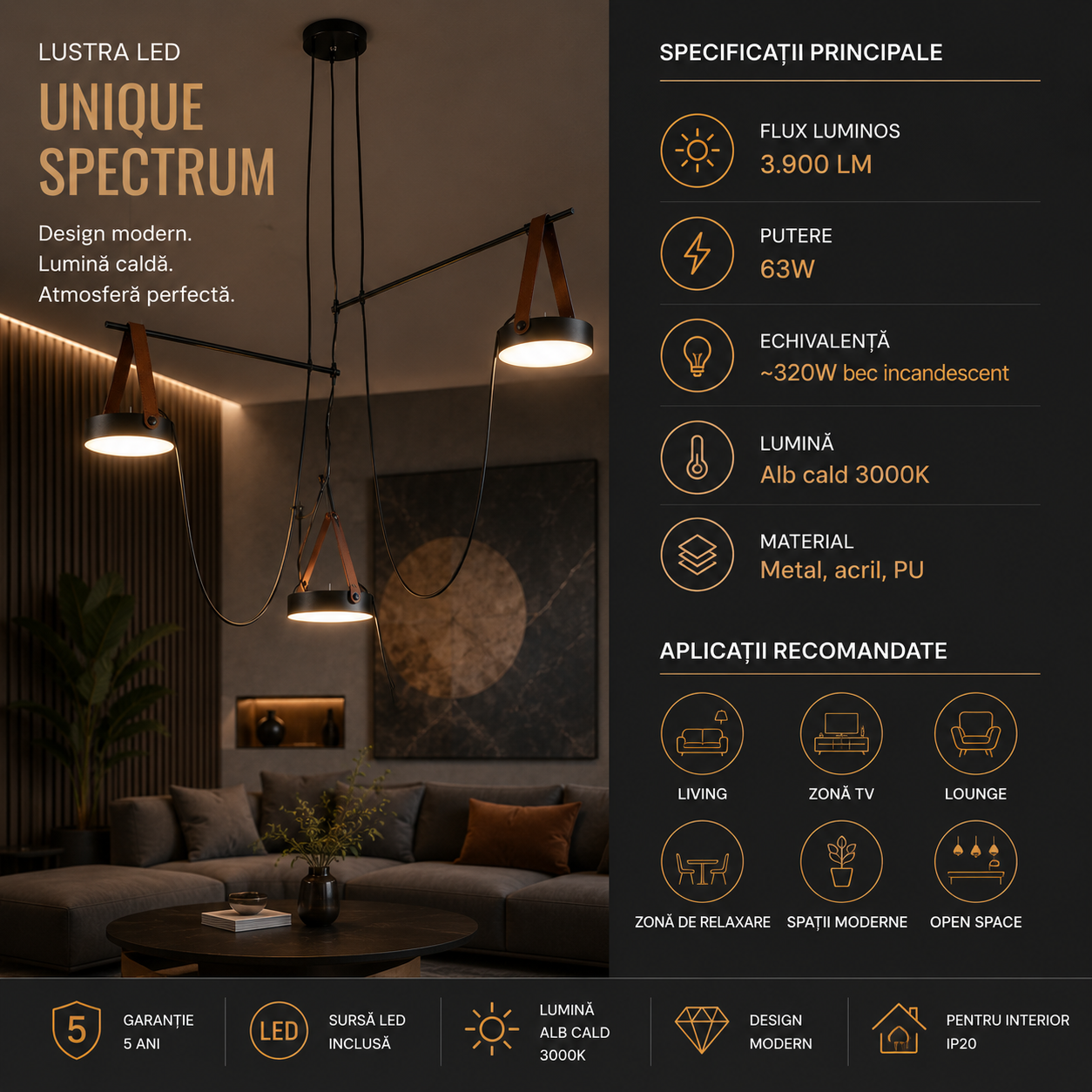 Lustra LED Unique SPECTRUM Black Suspendata Echivalent 300W