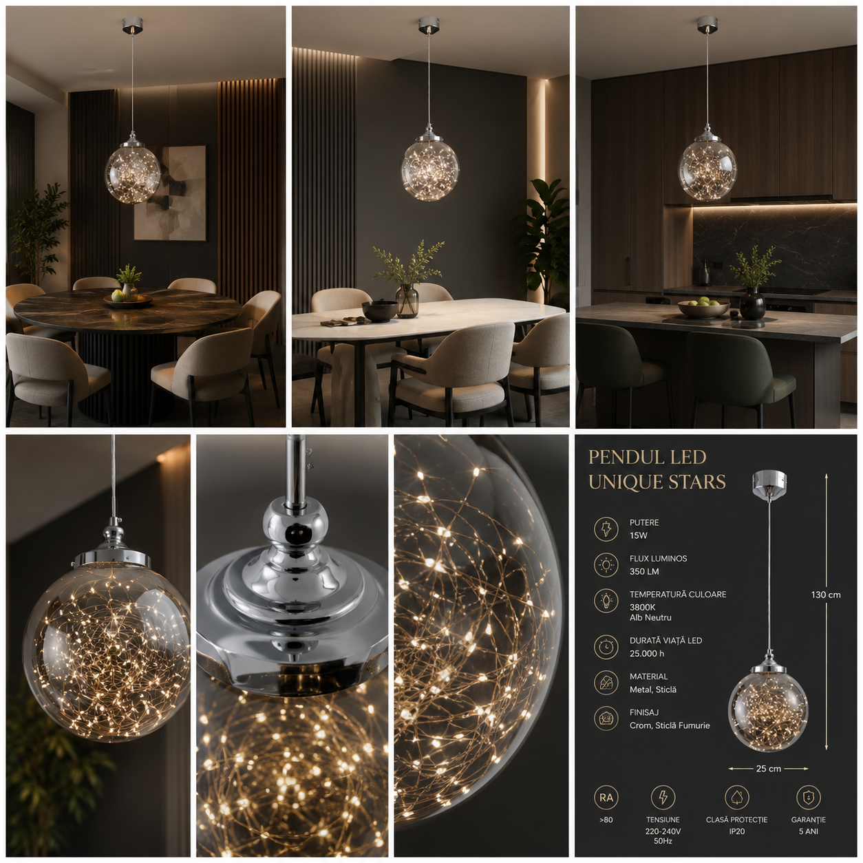 Pendul LED Unique STARS Crom Fumuriu Echivalent 40W