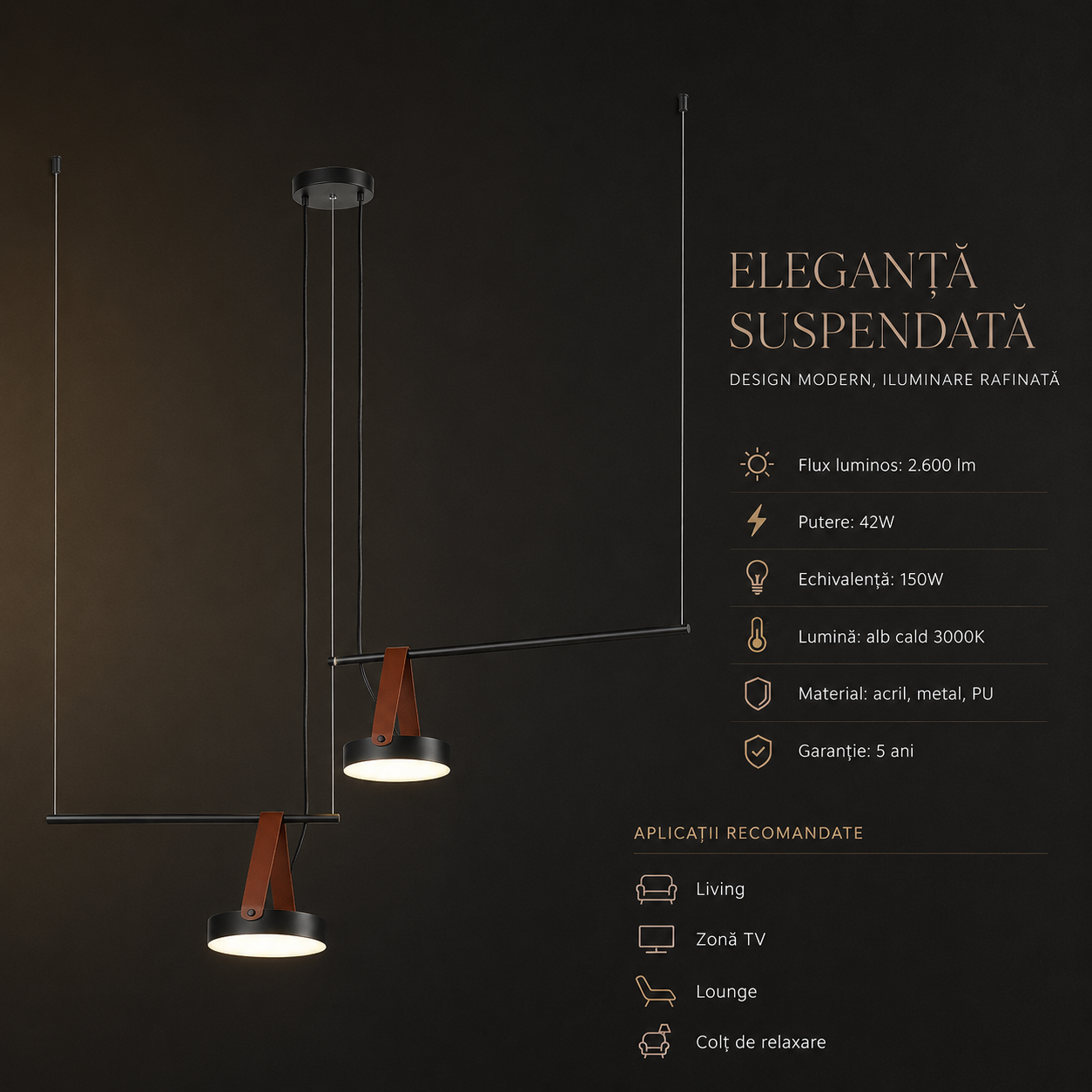 Lustra LED Unique SPECTRUM Black Suspendata 2 Surse Echivalent 150W