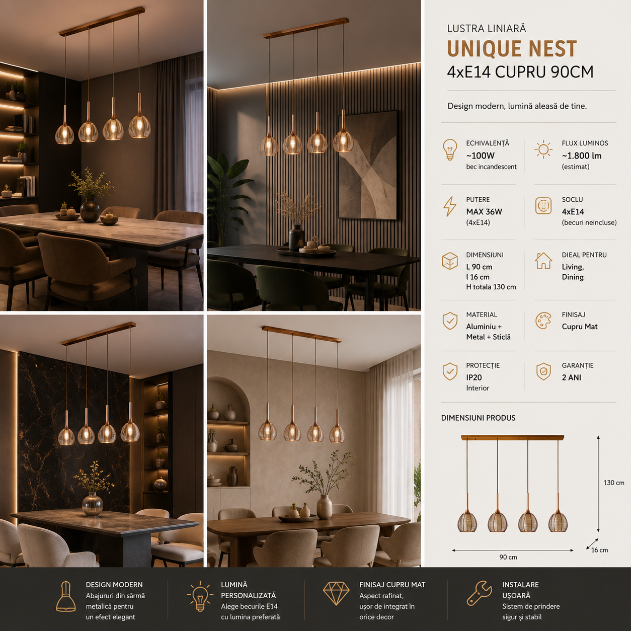 Lustra Liniara Unique Nest 4xE14 Cupru 90CM