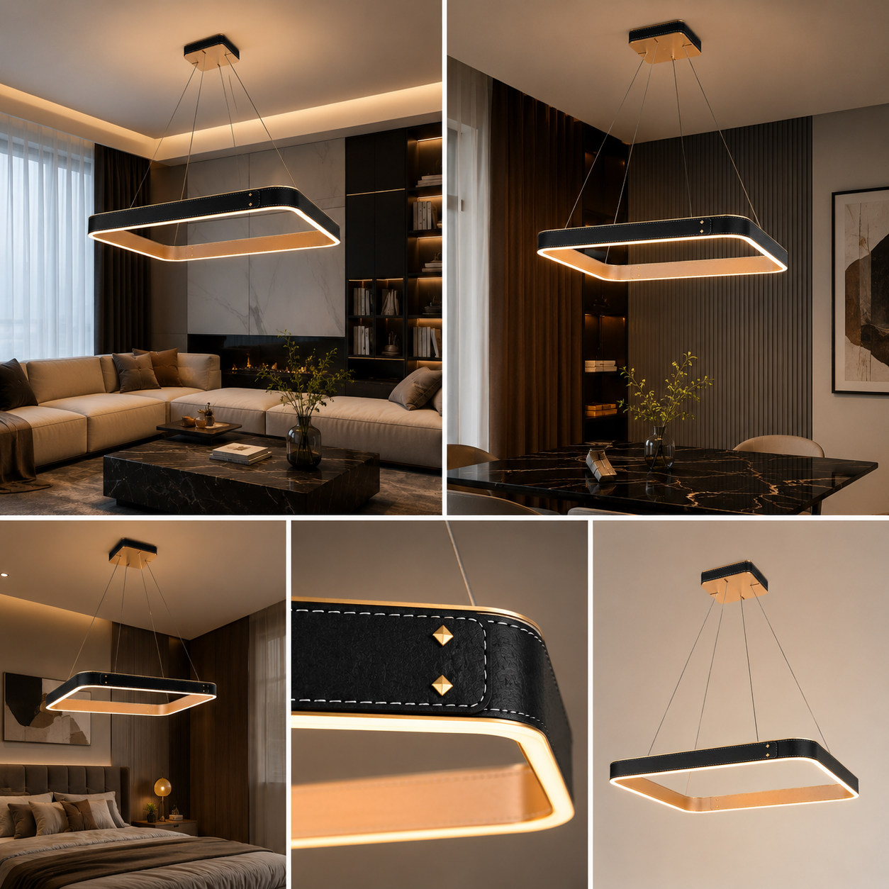 Lustra LED Suspendata LEATHER Unique. Square Black Echivalent 200W