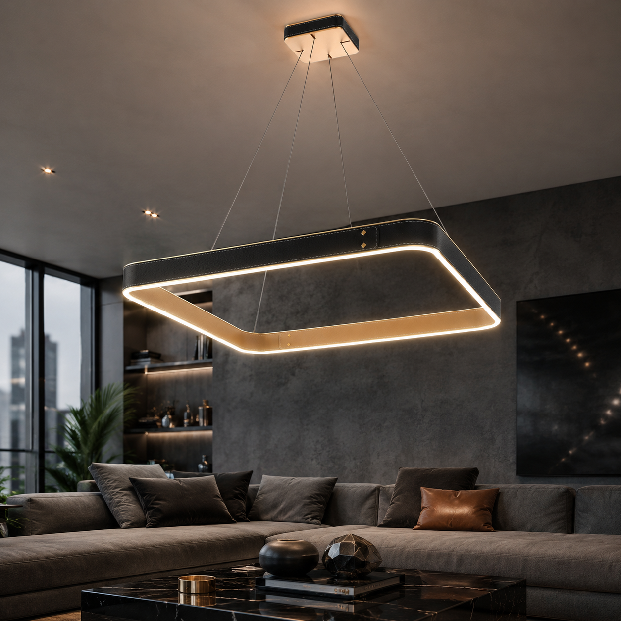 Lustra LED Suspendata LEATHER Unique. Square Black Echivalent 200W