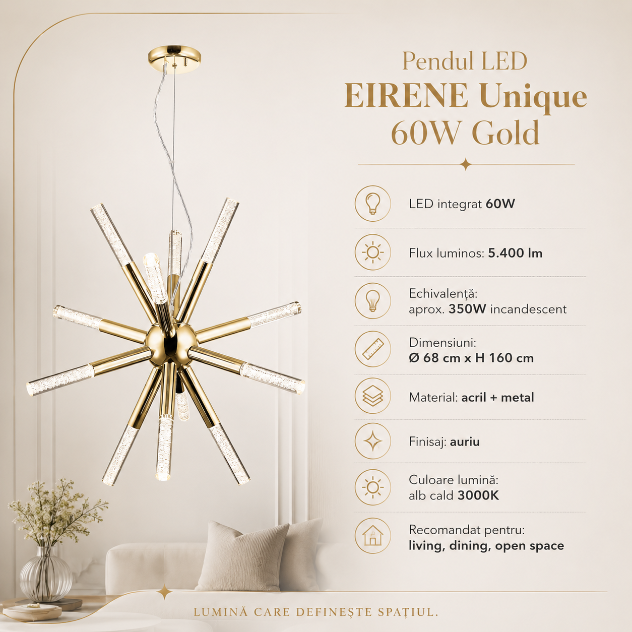 Pendul LED EIRENE Unique 60W Gold Echivalent