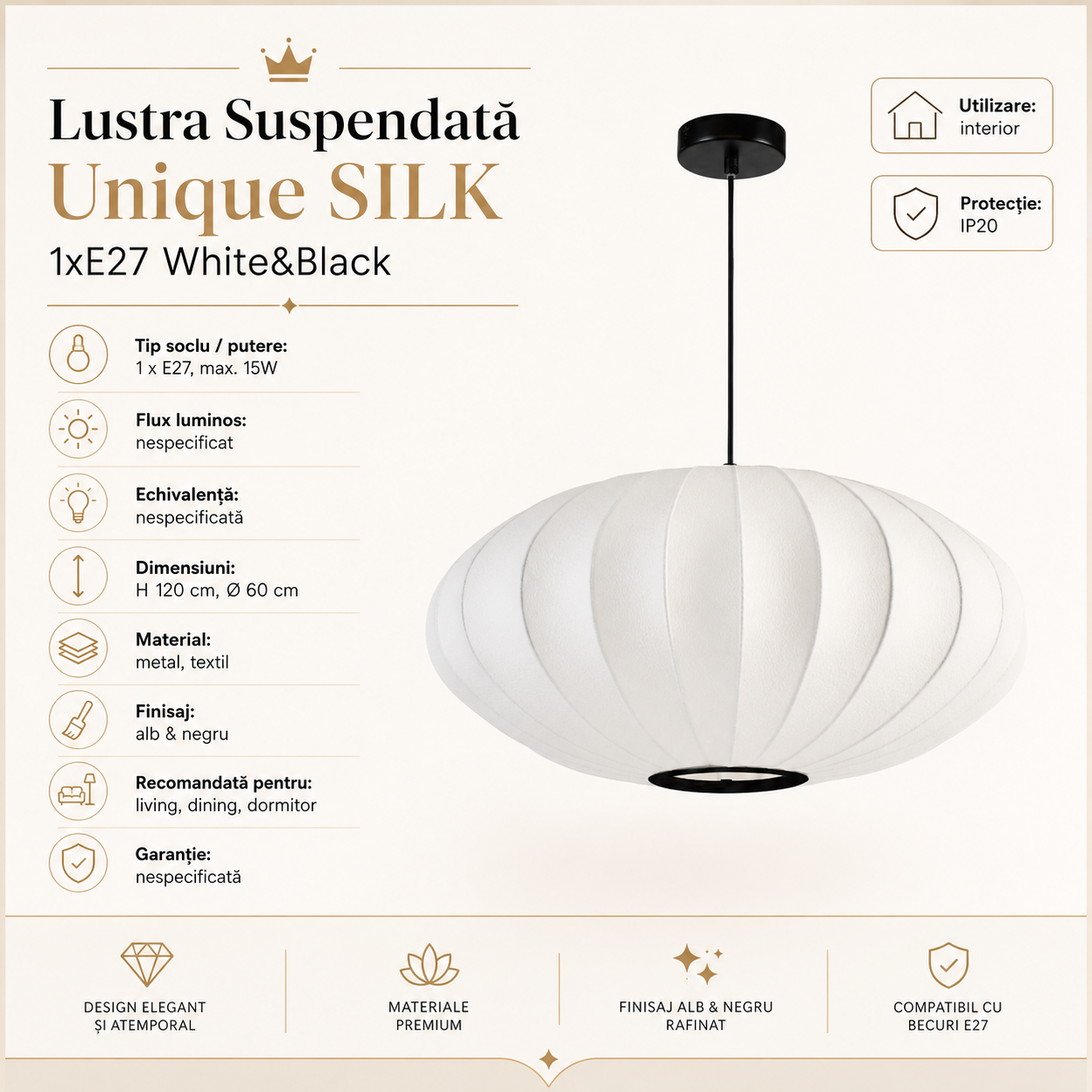 Lustra Suspendata Unique SILK 1xE27 White&Black