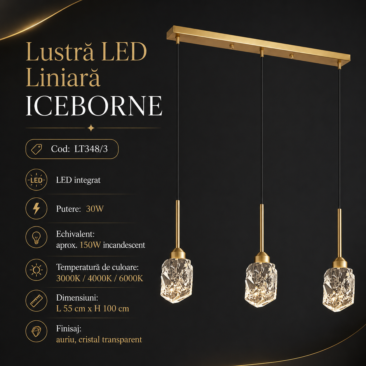 Lustra LED Suspendata Liniara 55CM ICEBORNE 3 Elemente Echivalent 150W