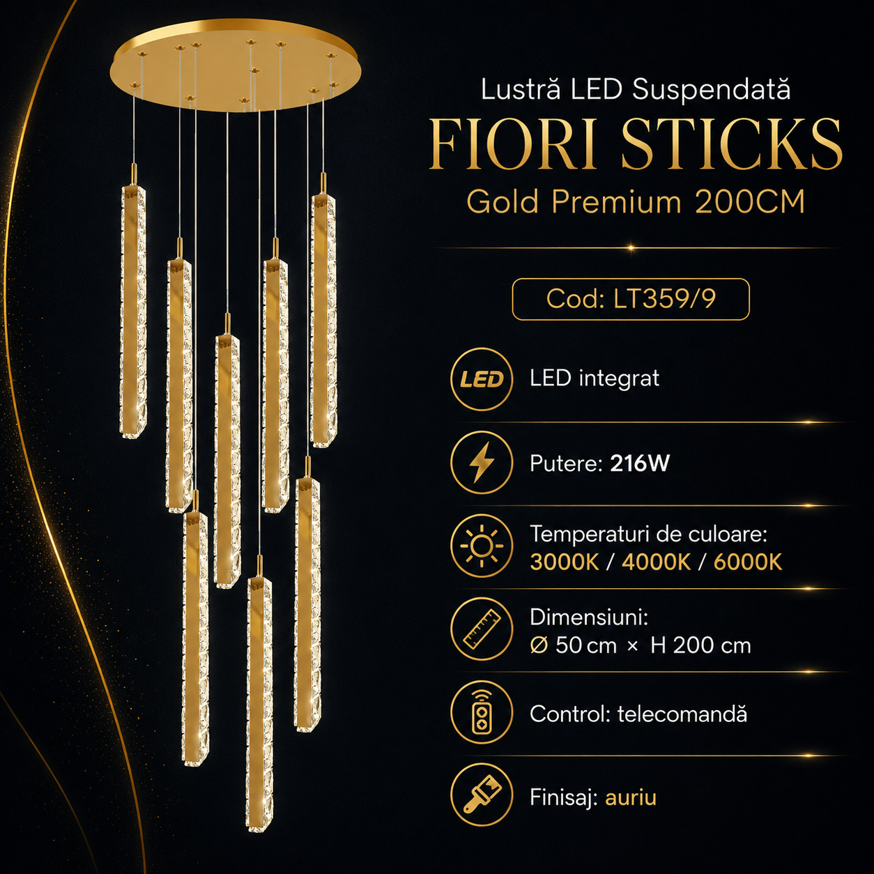 Lustra LED Suspendata FIORI STICKS Gold Premium 200cm Echivalent 1000W Telecomanda