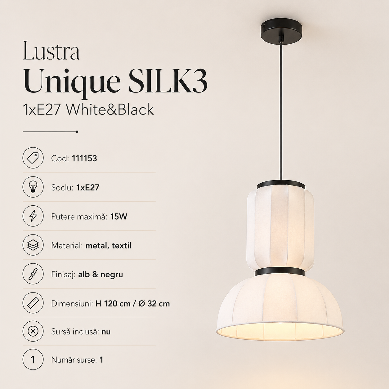 Lustra Suspendata Unique SILK3 1xE27 White&Black