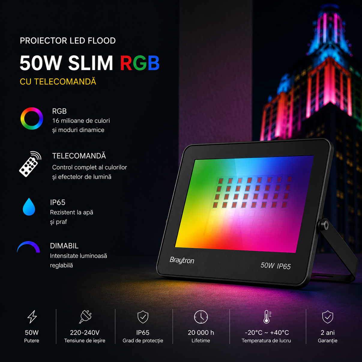Proiector LED FLOOD Black 50W RGB IP65, Dimabil cu Telecomanda