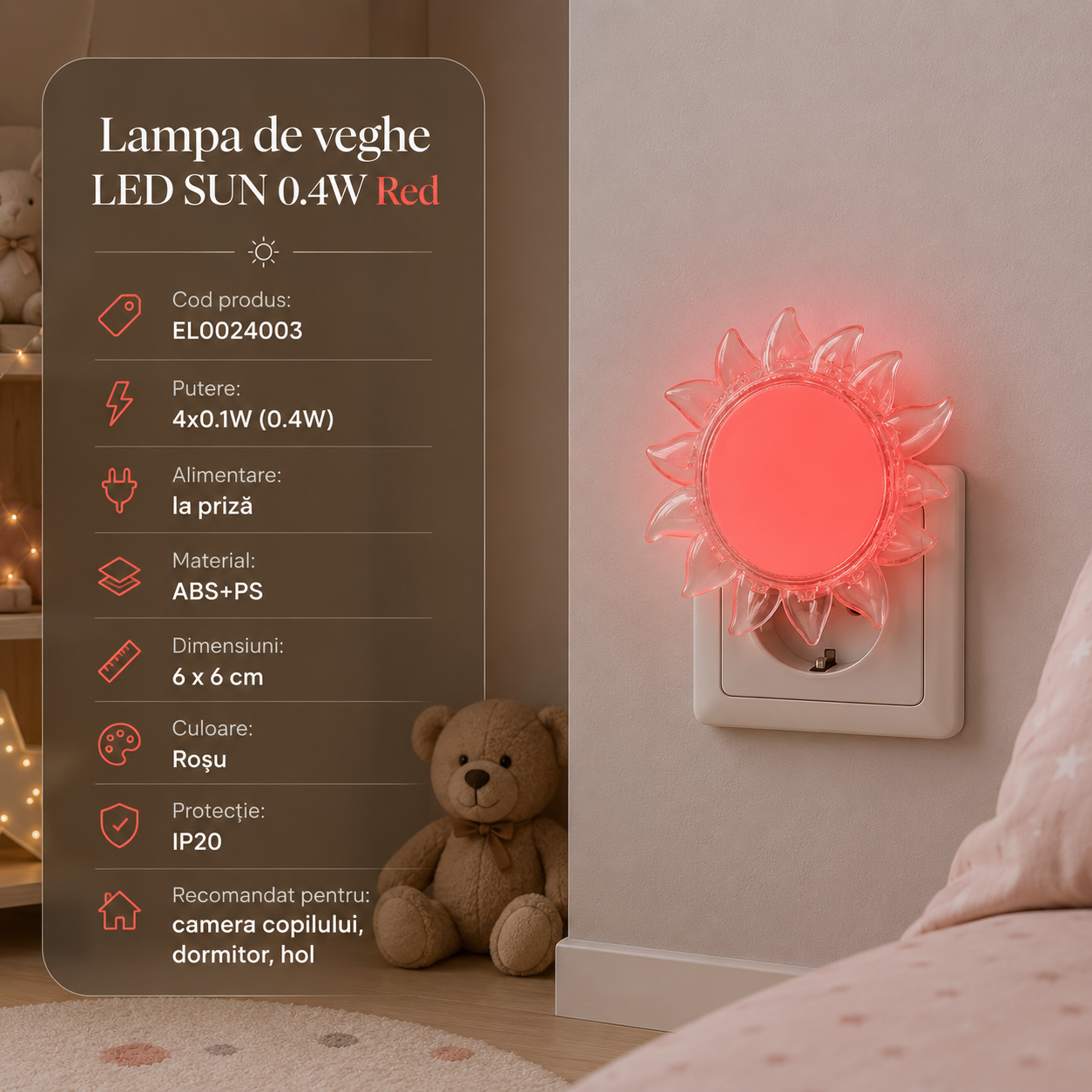Lampa de veghe LED SUN 0.4W Red