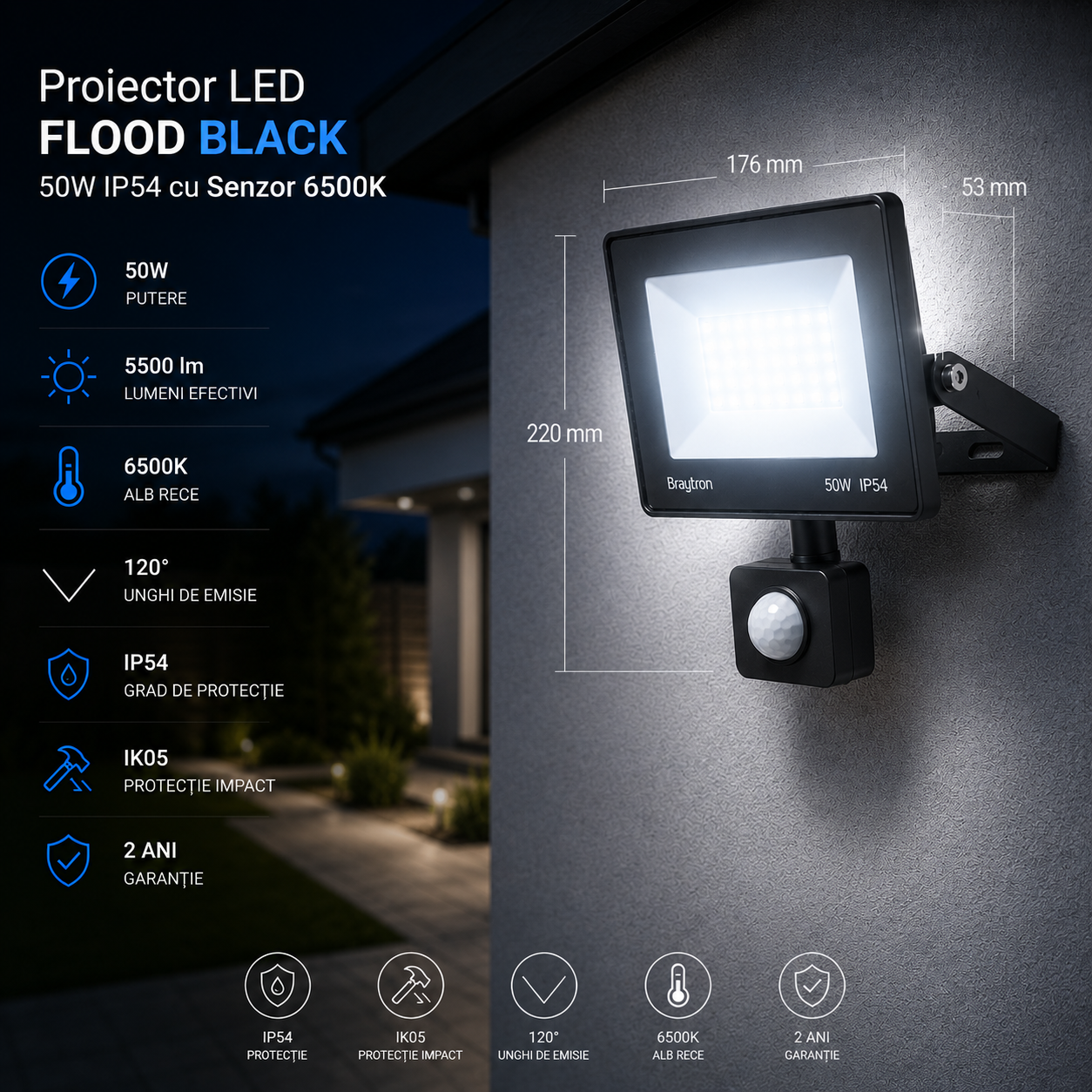 Proiector LED FLOOD Black 50W IP54 cu Senzor 6500K
