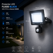 Proiector LED FLOOD Black 50W IP54 cu Senzor 6500K
