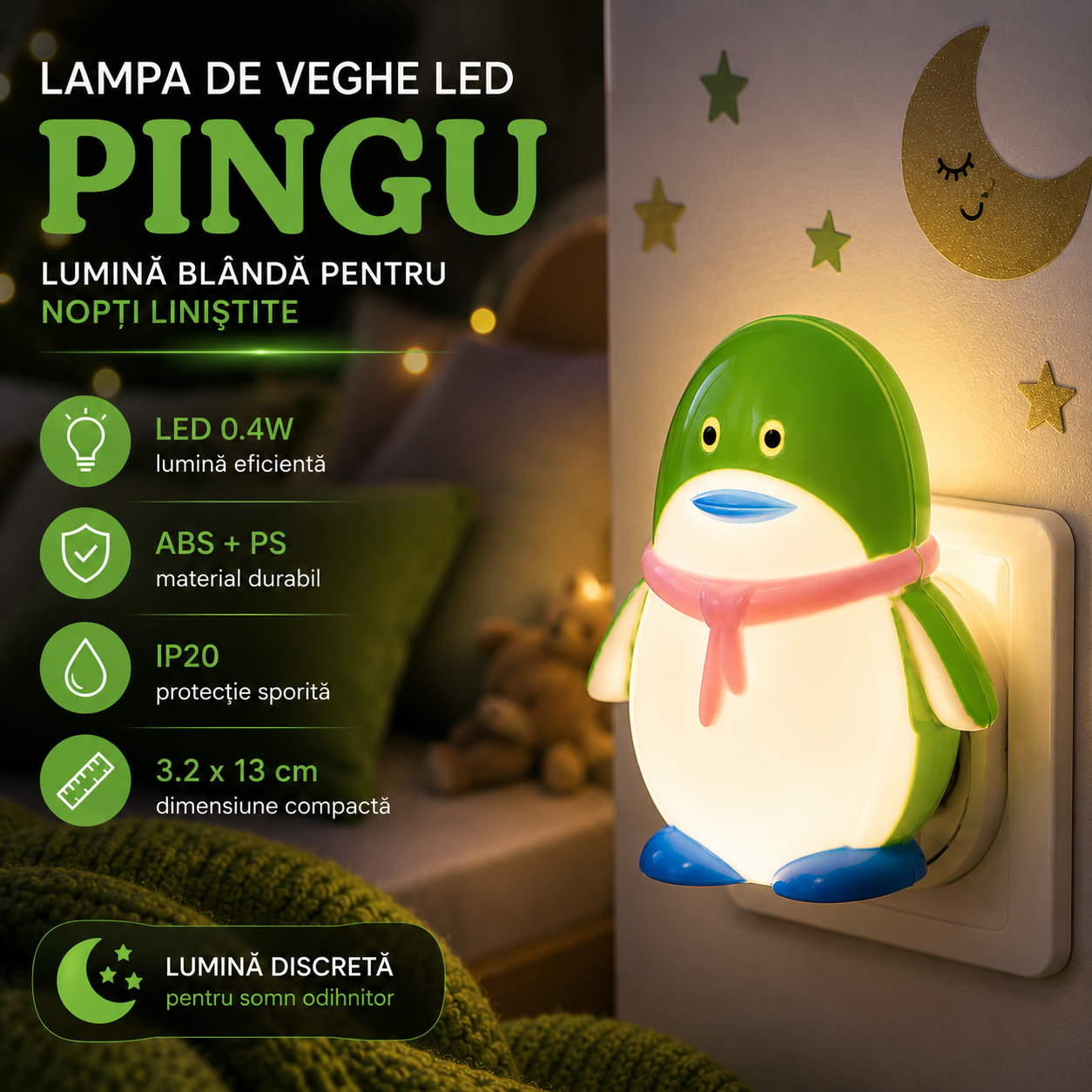 Lampa de veghe LED PINGU 0.4W Green