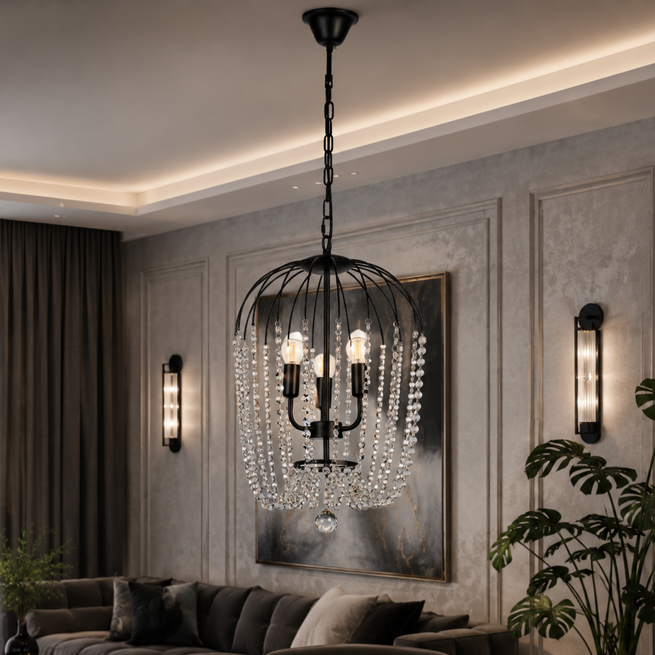 Lustra ARABELLA Suspendata Neagra 3xE14 cu Cristal K9