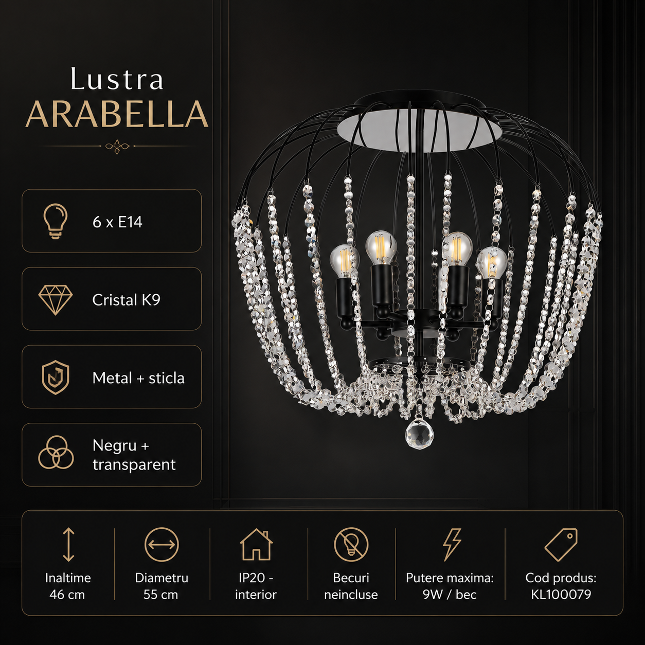 Lustra ARABELLA Neagra 6xE14 cu Cristal K9