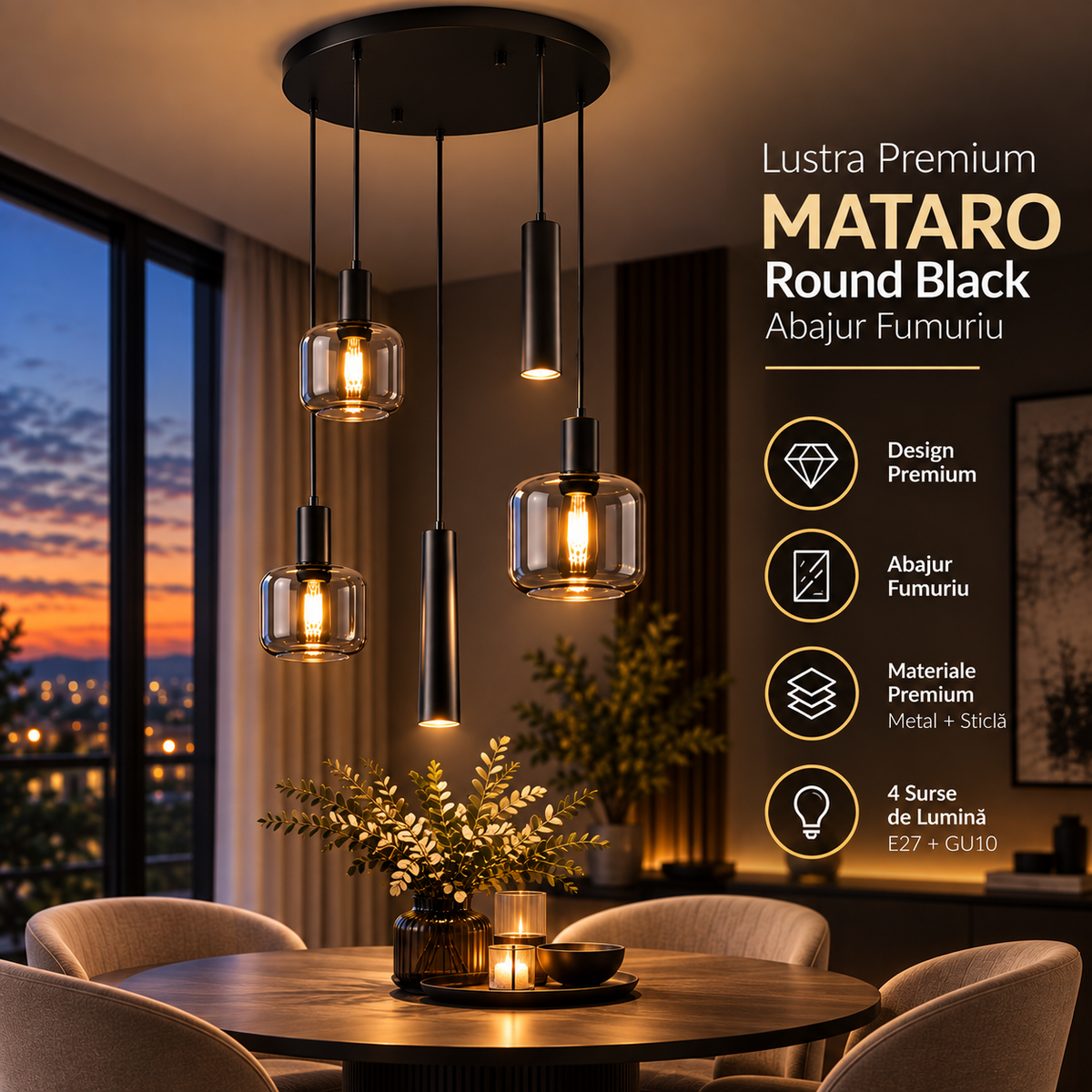 Lustra Premium MATARO Round Black Abajur Fumuriu