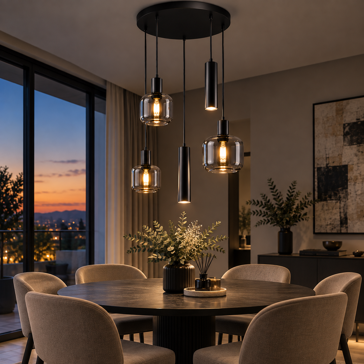 Lustra Premium MATARO Round Black Abajur Fumuriu