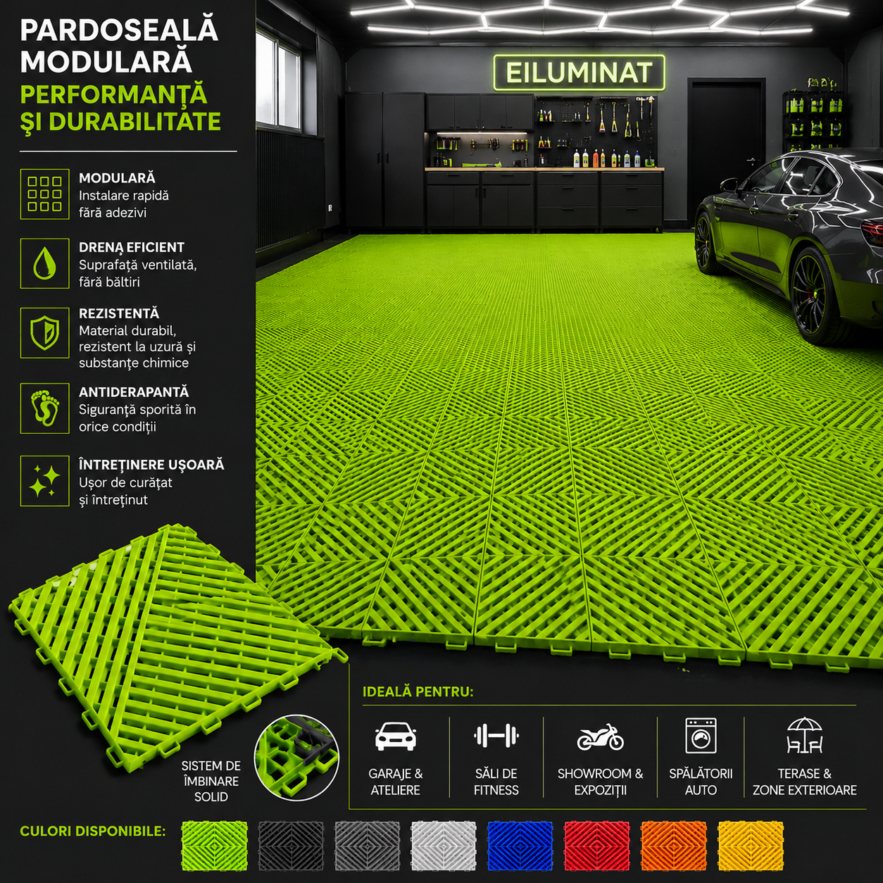 Pardoseala Modulara Verde Neon Din Polipropilena Rezistenta la 8 Tone 40x40CM