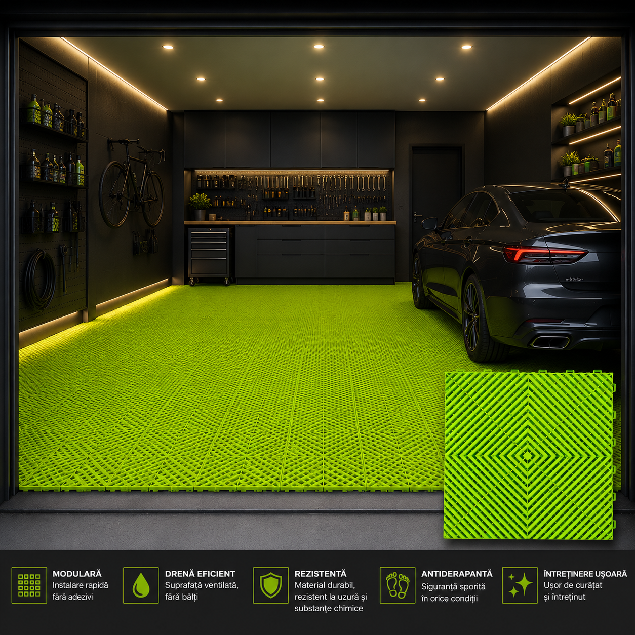Pardoseala Modulara Verde Neon Din Polipropilena Rezistenta la 8 Tone 40x40CM