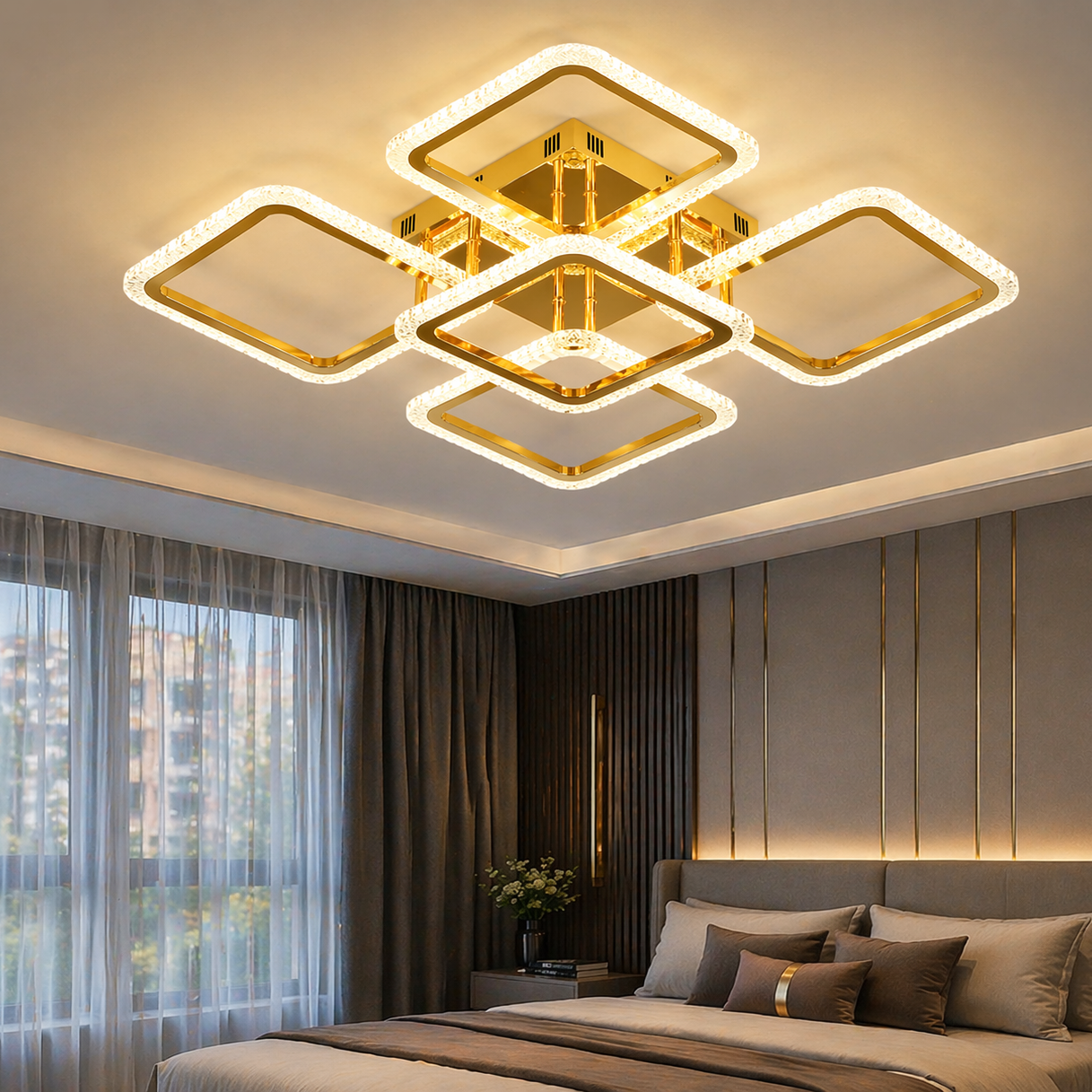 Lustra LED Brevia 4+1 Square Gold Echivalent 600W Telecomanda