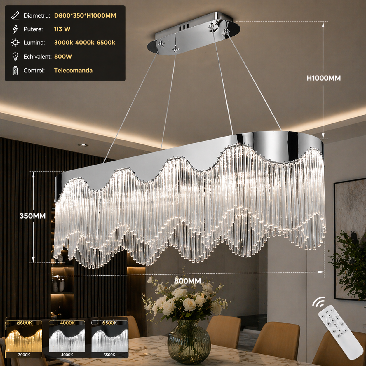 Lustra LED Suspendata Pulse Chrome 800x350mm Echivalent 800W