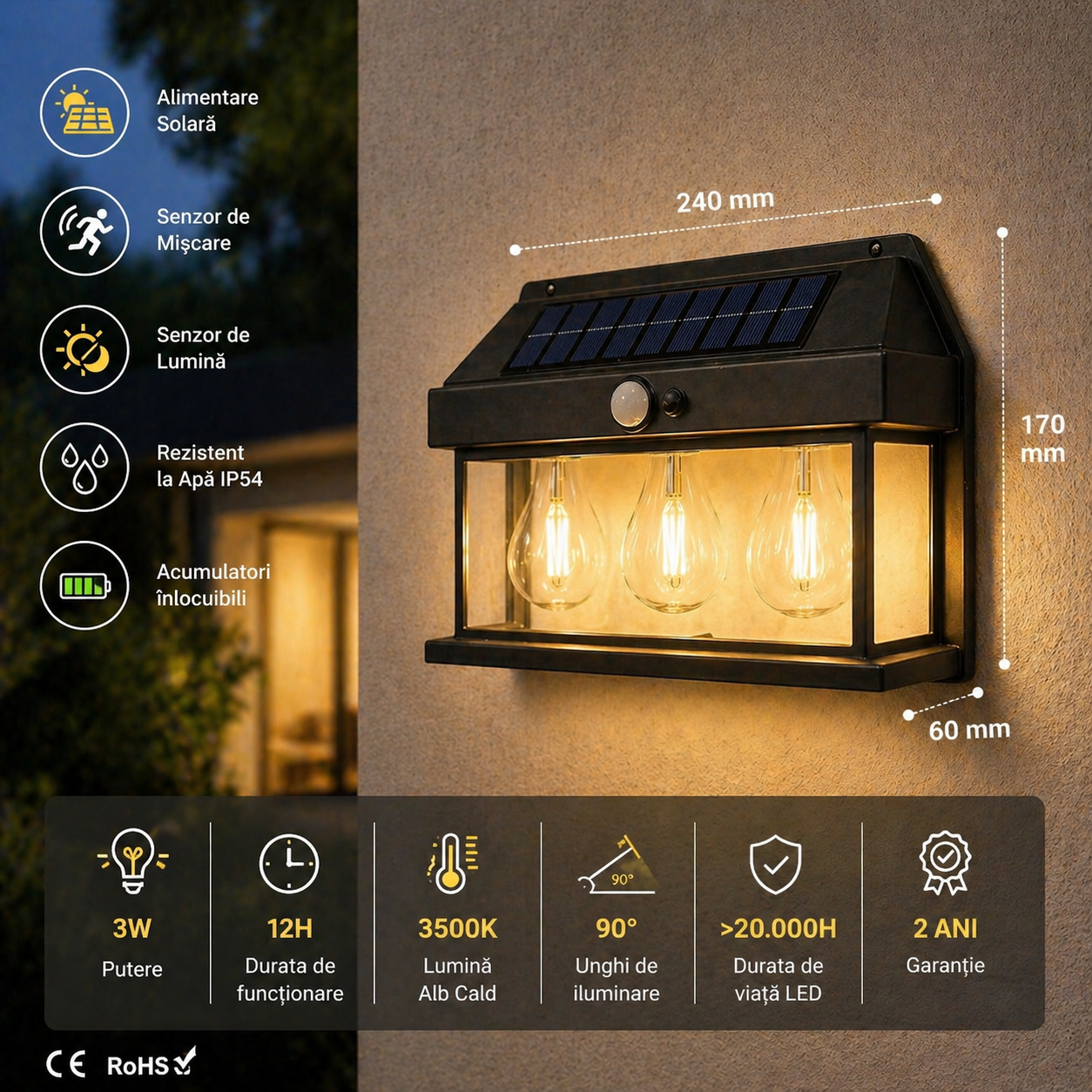 Felinar LED Exterior Solar Senzor 3W