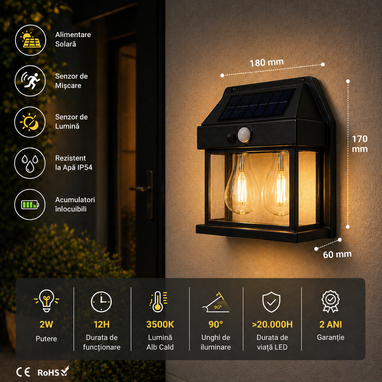 Felinar LED Exterior Solar Senzor 2W